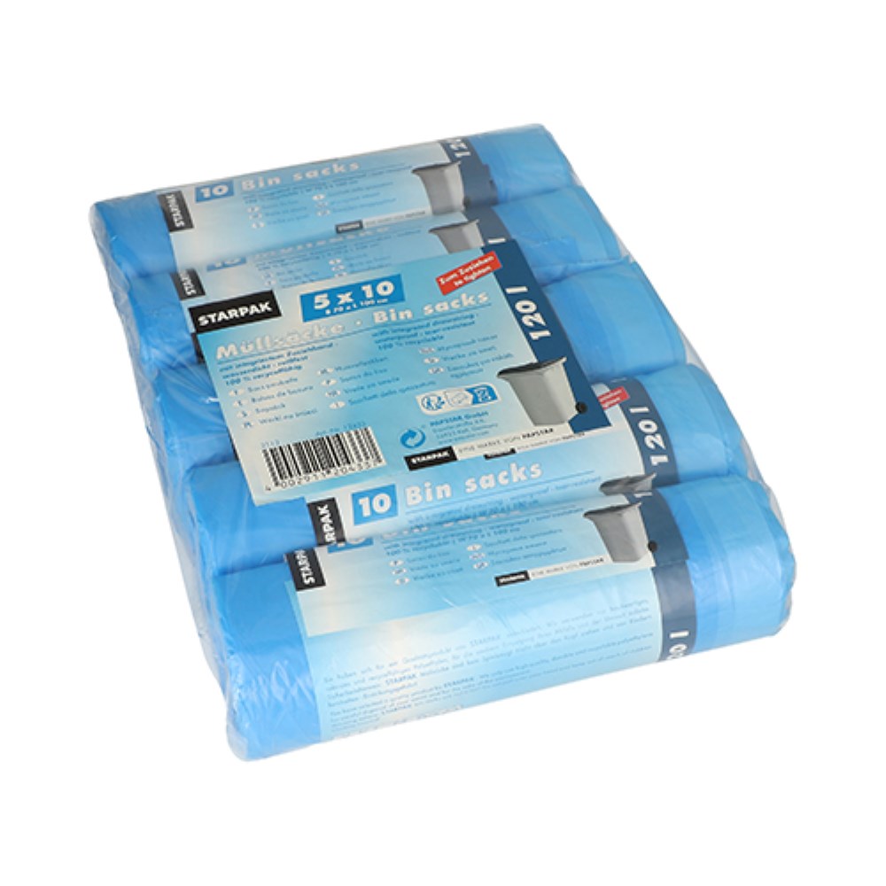 50 Müllsäcke mit Zugband, HDPE 120 l 100 cm x 70 cm blau 24 my
