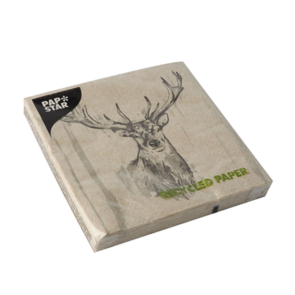 20 Servietten, 3-lagig 1/4-Falz 33 cm x 33 cm natur "Deer" aus recyceltem Papier