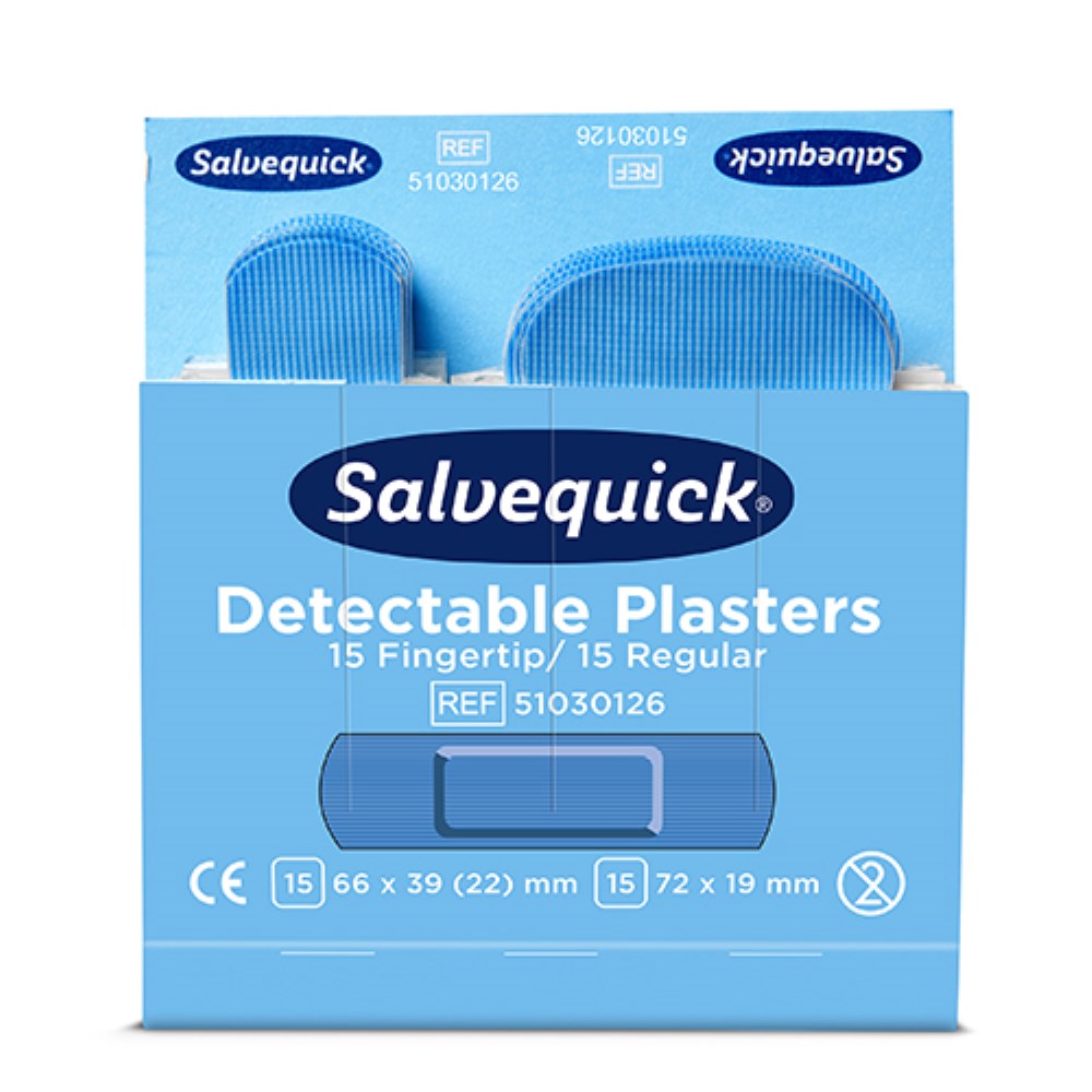 6 Set "Cederroth" Salvequick Detectable Pflaster (2 x 15 Stück) blau Fingertip & Standard, Refill