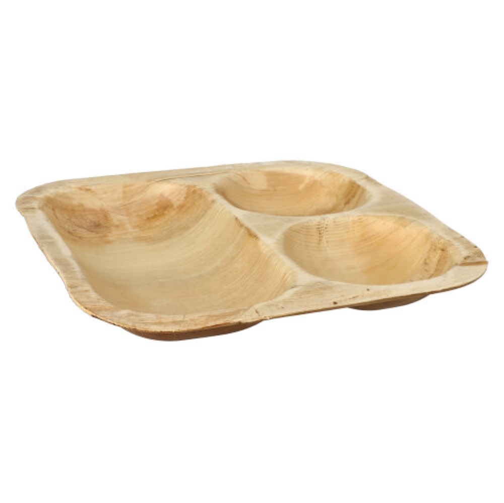 25 Siegelschalen Palmblatt "pure" eckig 500 ml 4 cm x 26 cm x 26 cm 3-geteilt