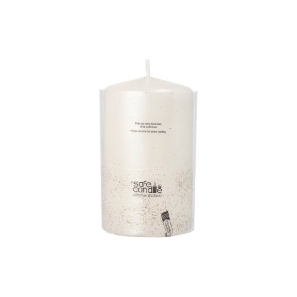 Stumpenkerze "Safe Candle" Ø 60 mm · 100 mm perlmutt "Fia" einzeln cellophaniert