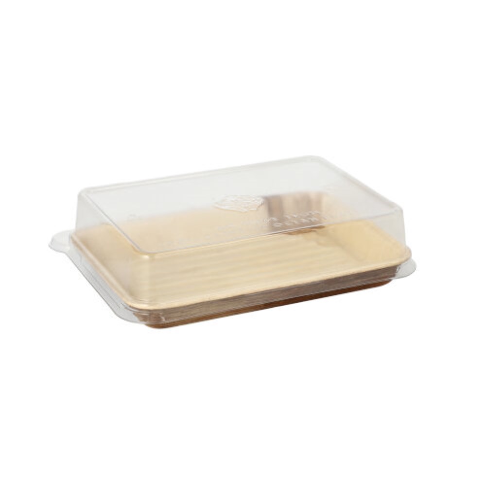 10 Sushi-Schalen Palmblatt eckig 150 ml 4,4 cm x 17,5 cm x 12,2 cm natur mit rPET Deckel "Kombipack"