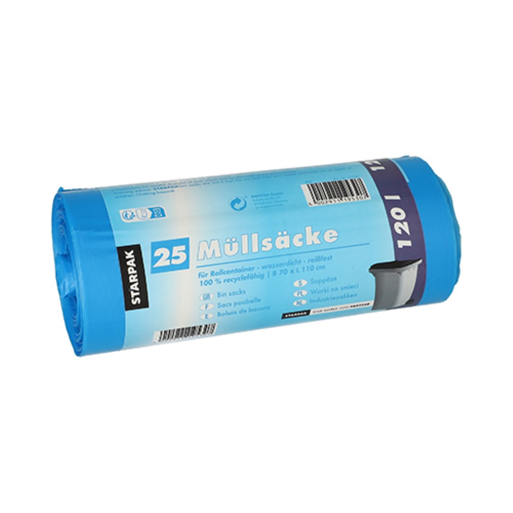 25 Müllsäcke, HDPE 120 l 110 cm x 70 cm blau 20 my