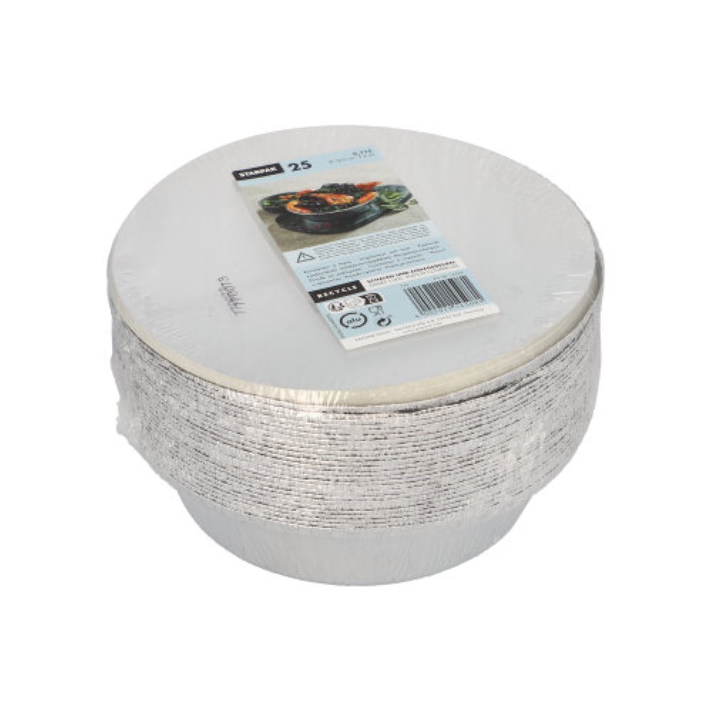 25 Schalen, Alu + Einlegedeckel, PP-beschichtet rund 0,77 l Ø 18,2 cm · 4 cm 25 Schalen, Alu + Einlegedeckel, PP-beschichtet rund 0,77 l Ø 18,2 cm · 4 cm