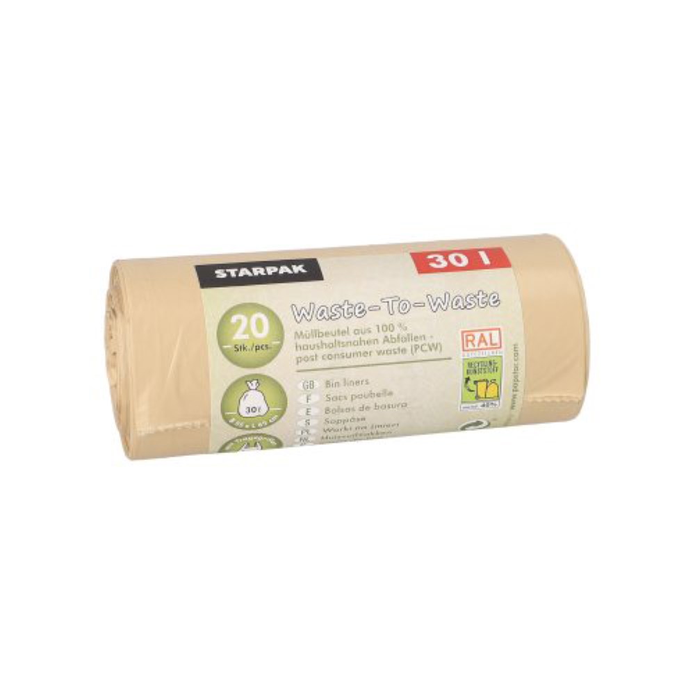 20 Müllbeutel mit Tragegriffen aus 100% PCW "Waste-To-Waste" 30 l 64,5 cm x 54 cm beige 20 my