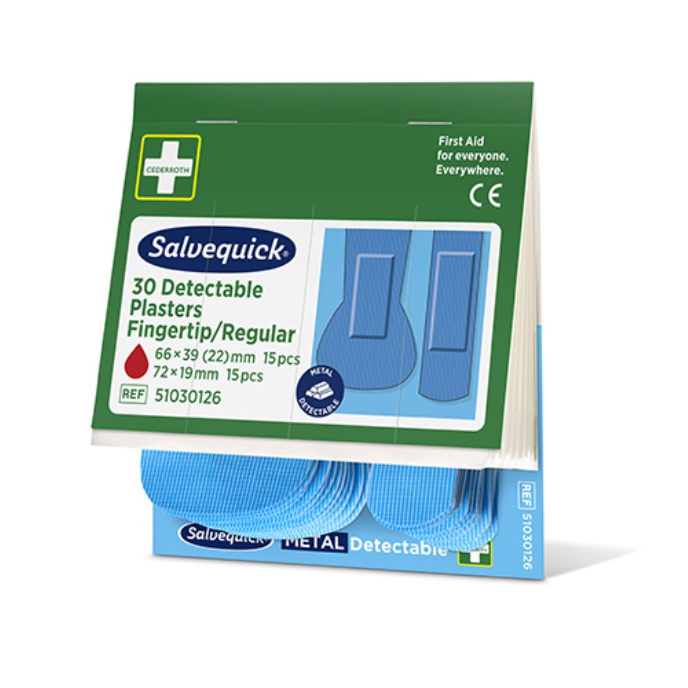 6 Set "Cederroth" Salvequick Detectable Pflaster (2 x 15 Stück) blau Fingertip & Standard, Refill