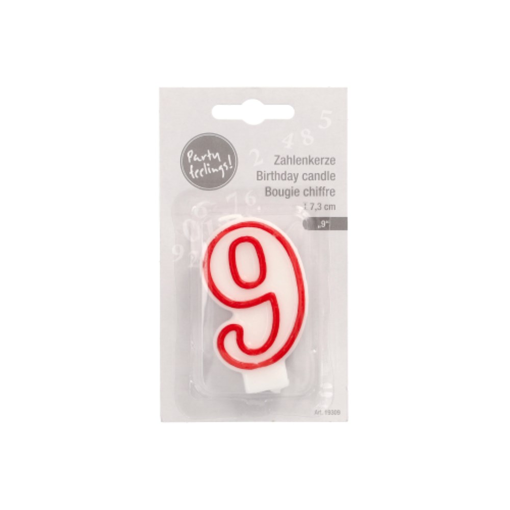 Zahlenkerze 7,3 cm weiss "9" mit rotem Rand