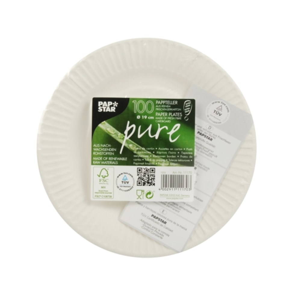 100 Teller, Pappe "pure" rund Ø 19 cm weiss extra stark