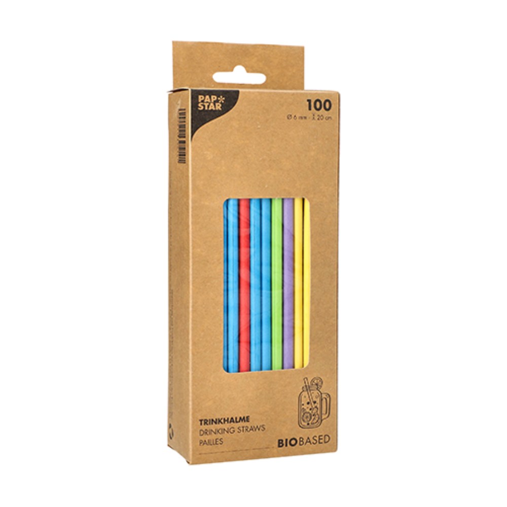 100 Trinkhalme, Papier Ø 6 mm · 20 cm farbig sortiert