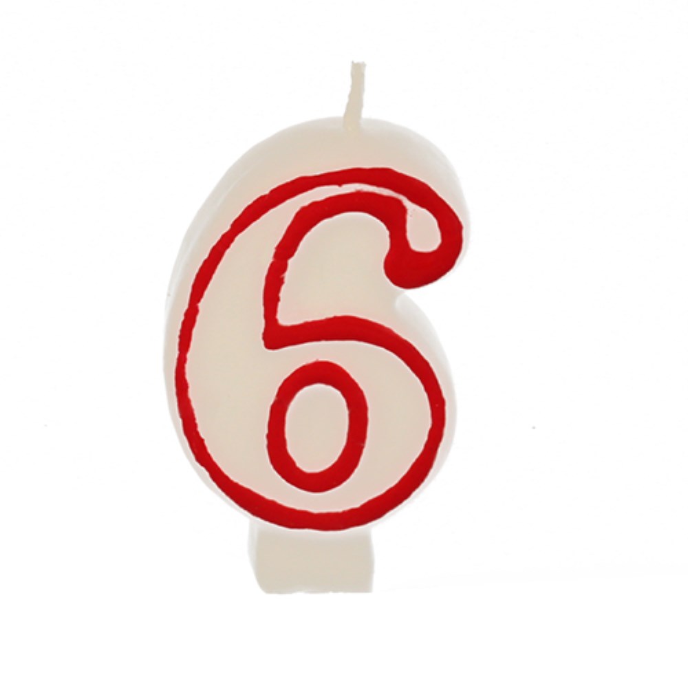 Zahlenkerze 7,3 cm weiss "6" mit rotem Rand