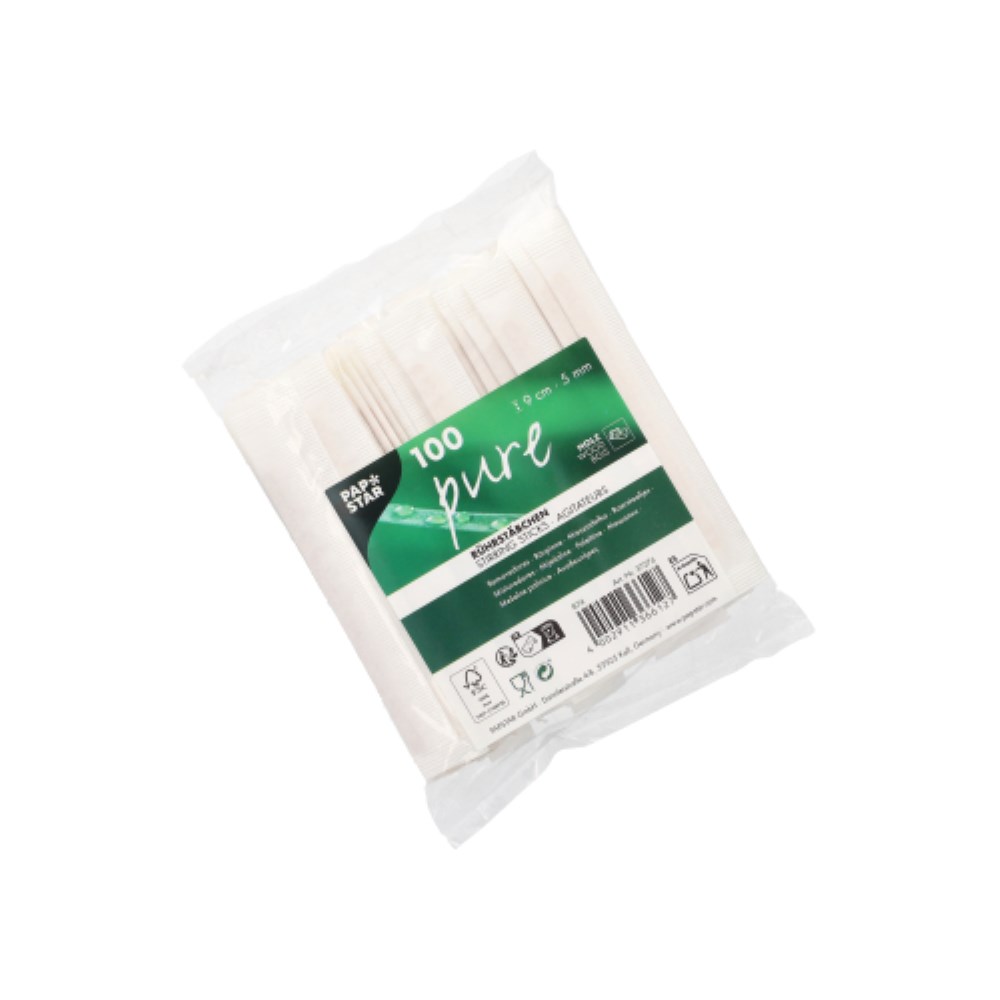 100 Rührstäbchen Holz "pure" 9 cm x 5 mm einzeln gehüllt