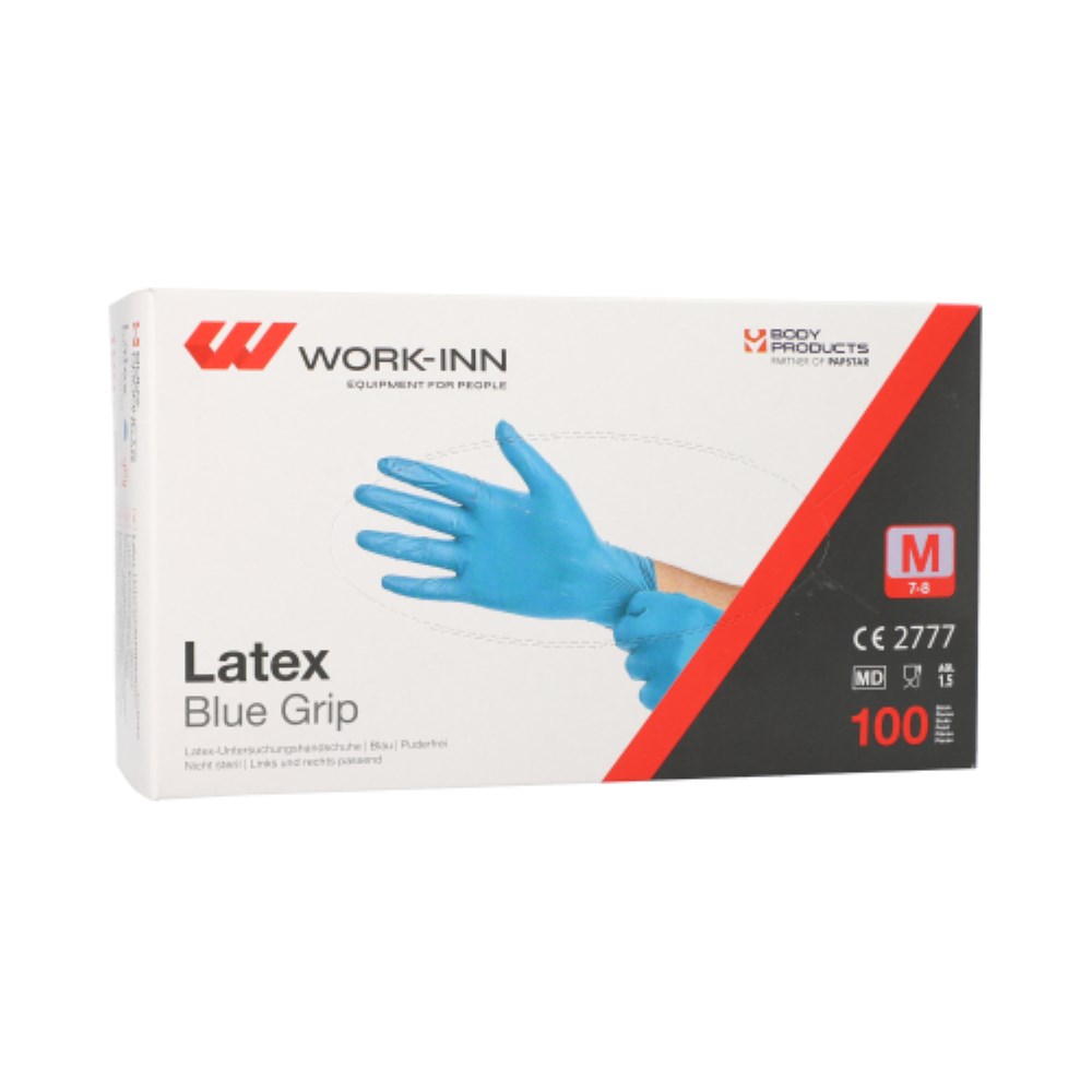 100 "WORK-INN" Handschuhe, Latex puderfrei blau "Blue Grip" Größe: M
