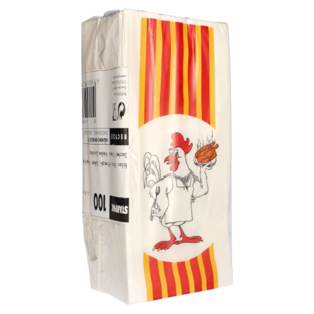 100 Hähnchenbeutel, Papier mit HDPE-Einlage 28 cm x 13 cm x 8 cm "Grillhähnchen" 1/1