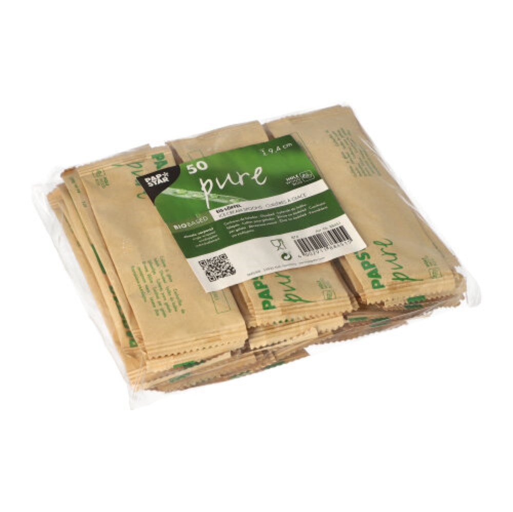 50 Eislöffel, Holz "pure" 9,4 cm einzeln verpackt in Papierbeutel