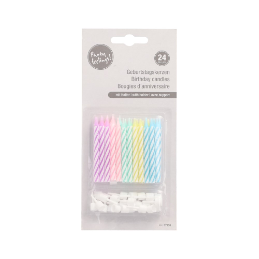24 Geburtstagskerzen mit Halter 6 cm farbig sortiert pastell