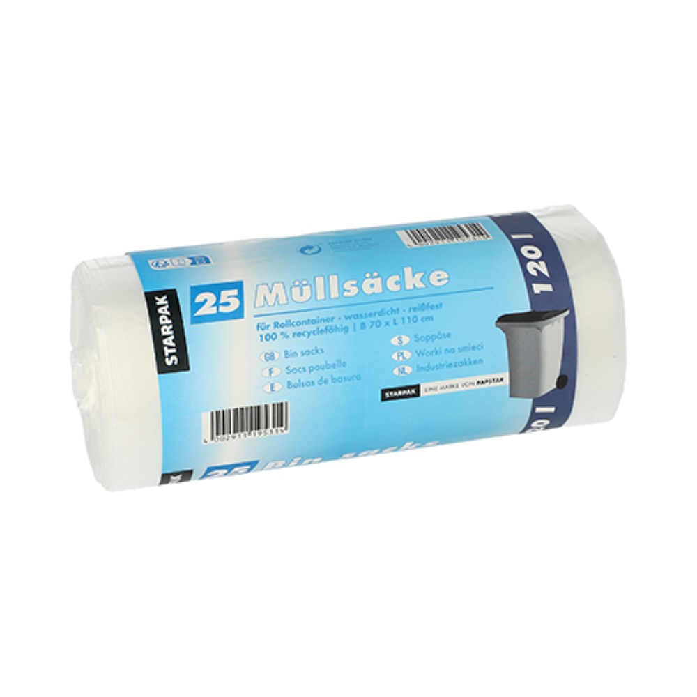 25 Müllsäcke, HDPE 120 l 110 cm x 70 cm transparent 20 my