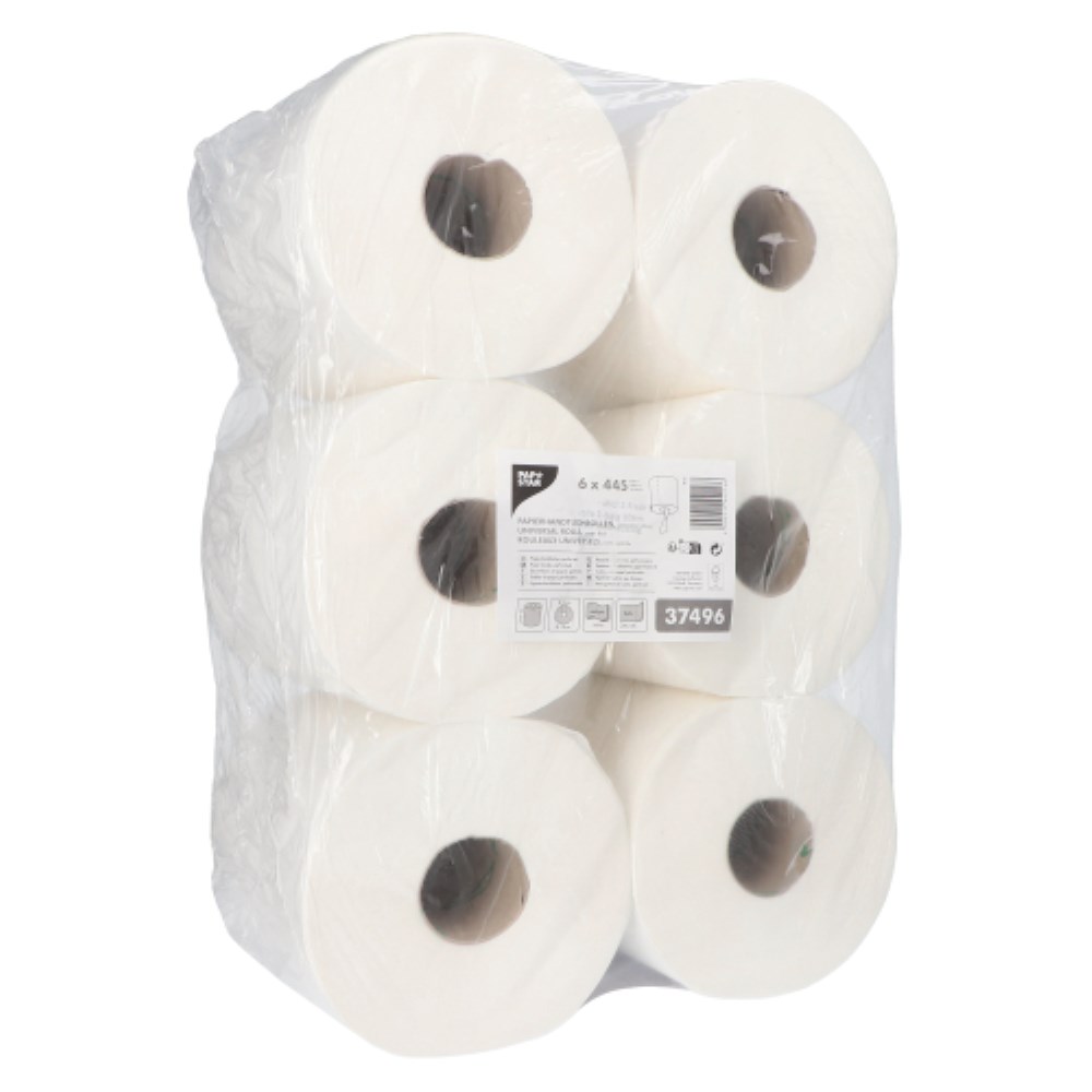 6 Universalrollen Ø 19 cm · 109 m x 19,5 cm "Mikroprägung" Handtuchrollen, Innenauszug, 445 Blatt