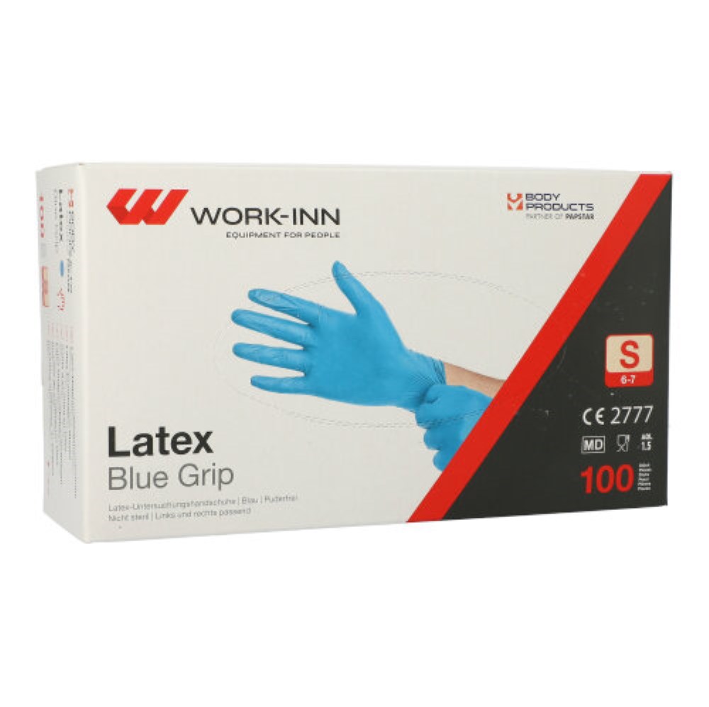 100 "WORK-INN" Handschuhe, Latex puderfrei blau "Blue Grip" Größe: S