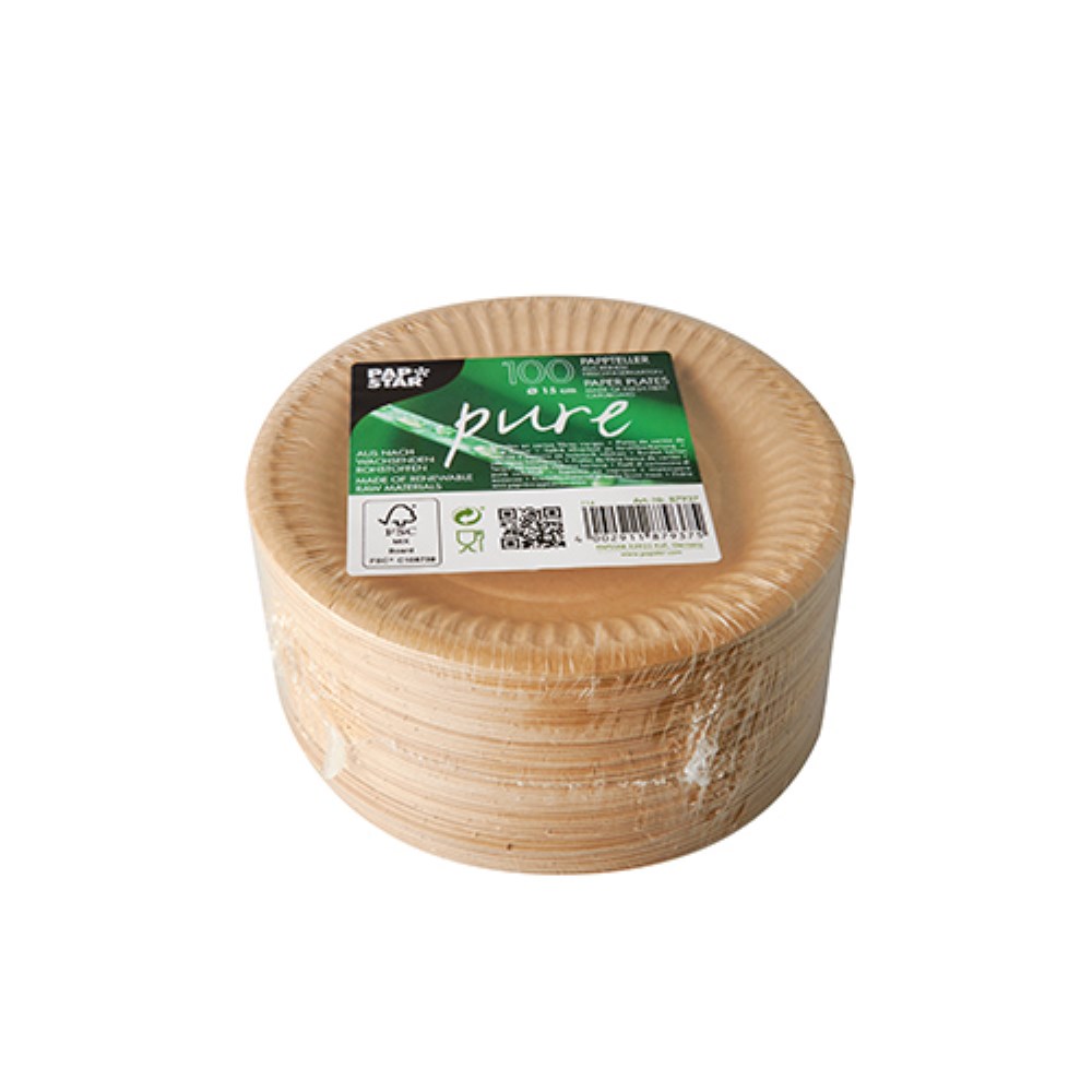 100 Teller, Pappe "pure" rund Ø 15 cm braun