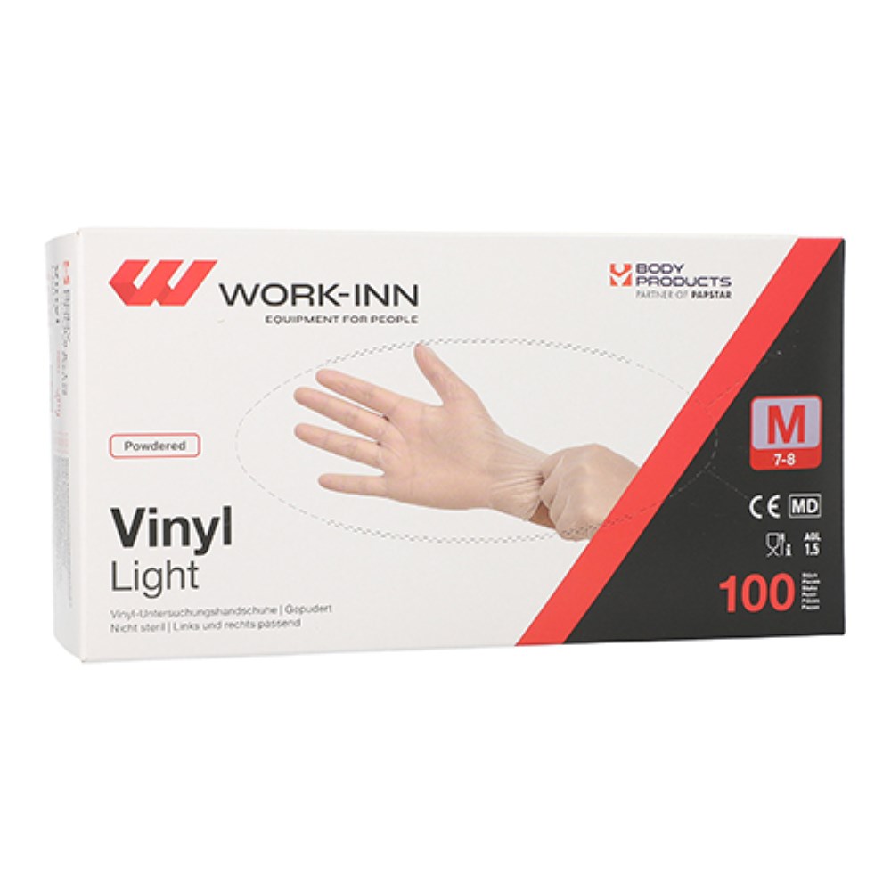 100 "WORK-INN" Handschuhe, Vinyl gepudert "Light" transparent Größe: M