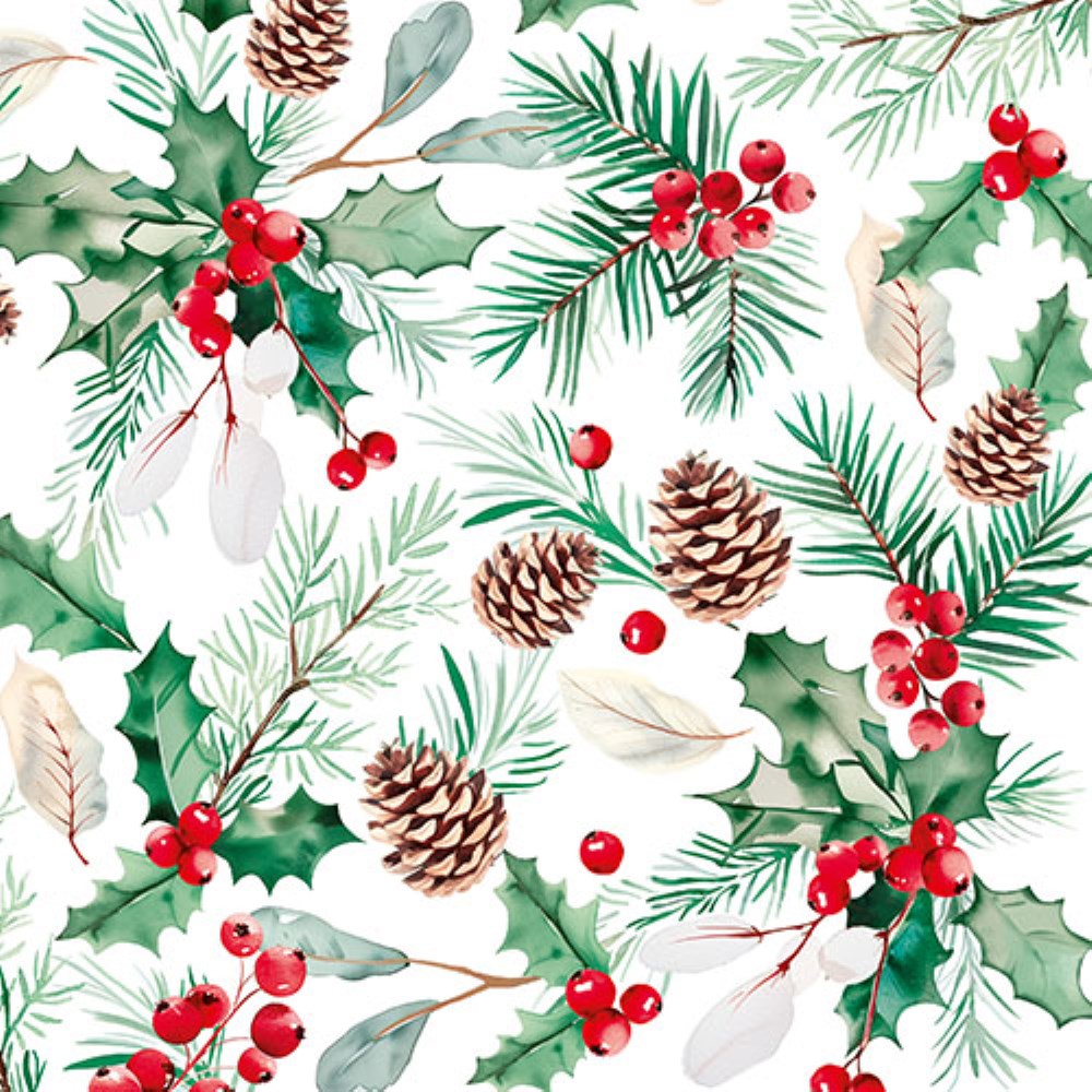 100 Servietten, 3-lagig 1/4-Falz 33 cm x 33 cm "Mistletoe and Pinecone"