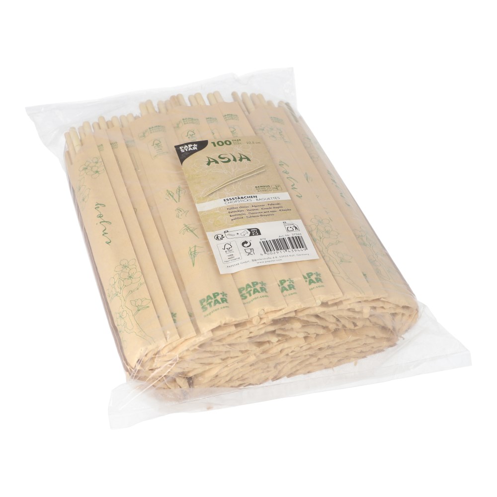 100 Paar Essstäbchen Bambus "ASIA" rund 22,5 cm einzeln gehüllt
