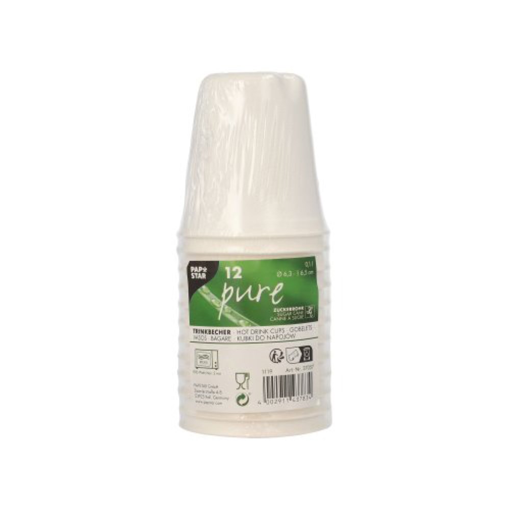 12 Trinkbecher Zuckerrohr "pure" 0,1 l Ø 6,3 cm · 6,5 cm weiss für Heißgetränke