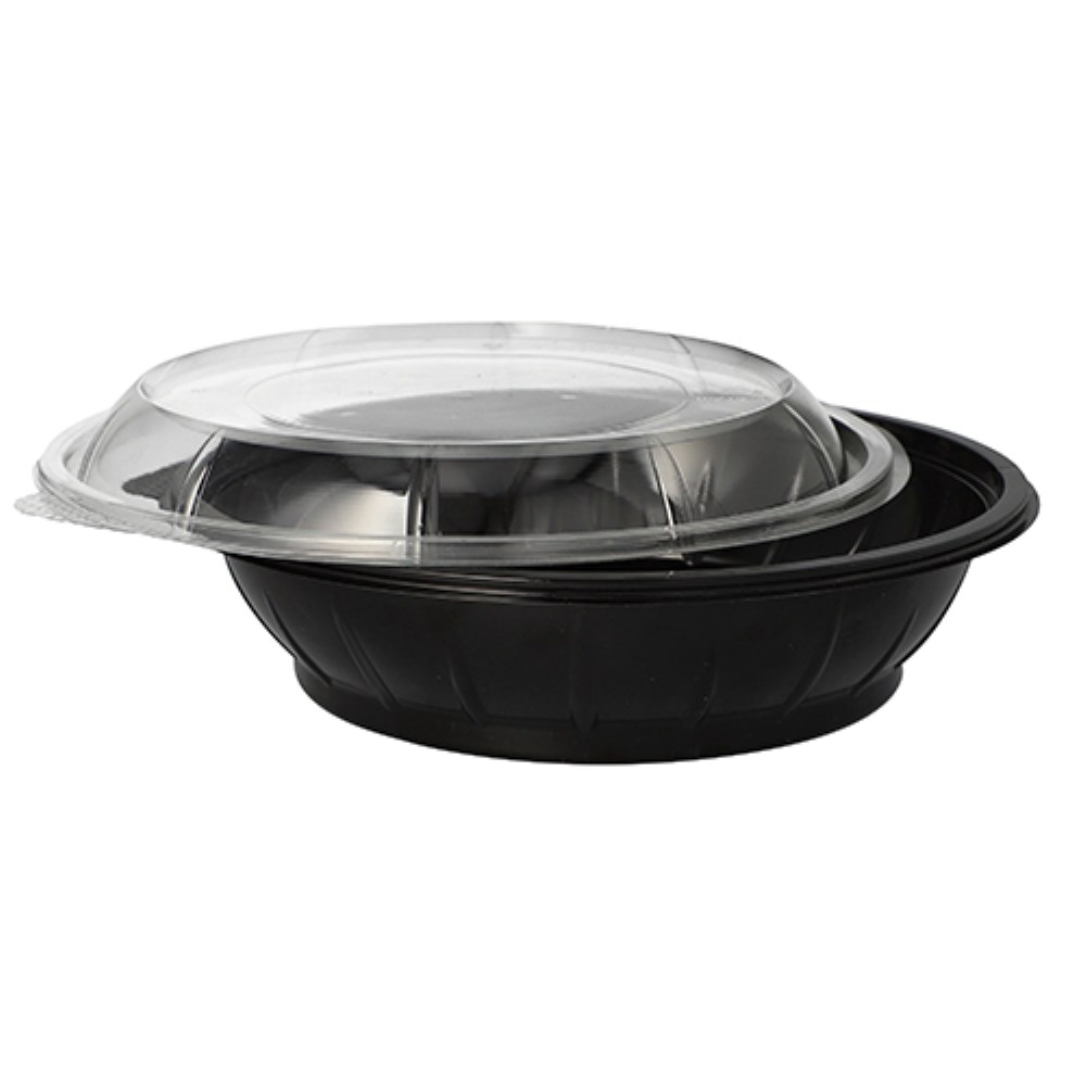 25 Salatschalen, PET 1000 ml Ø 21,8 cm · 6 cm schwarz "Snap It" mit Deckel R-PET glasklar