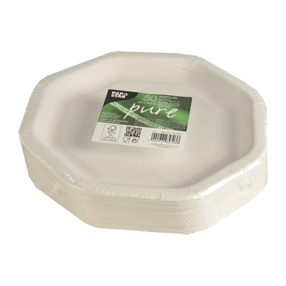 50 Teller, Pappe "pure" 8-eckig 23,5 cm x 23,5 cm weiss