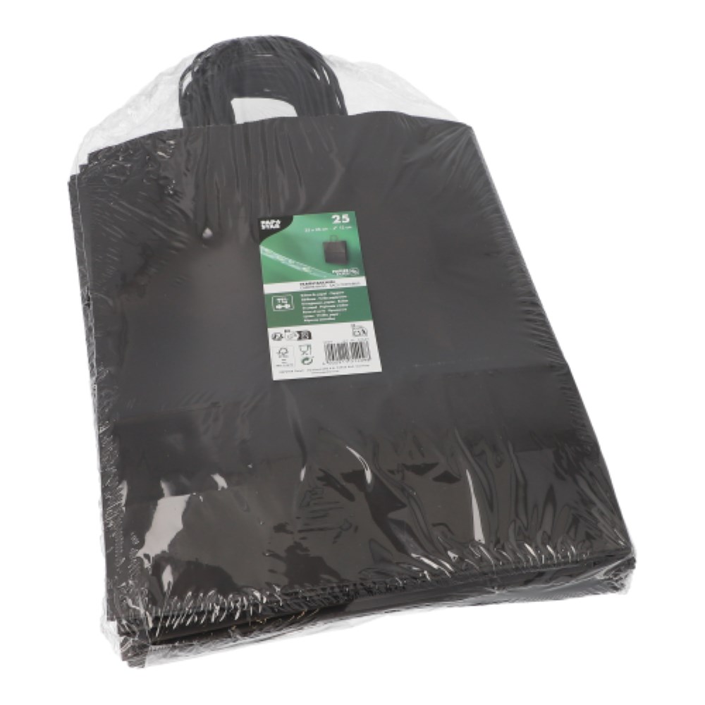 25 Tragetaschen, Papier 35 cm x 26 cm x 12 cm schwarz mit gedrehtem Tragegriff