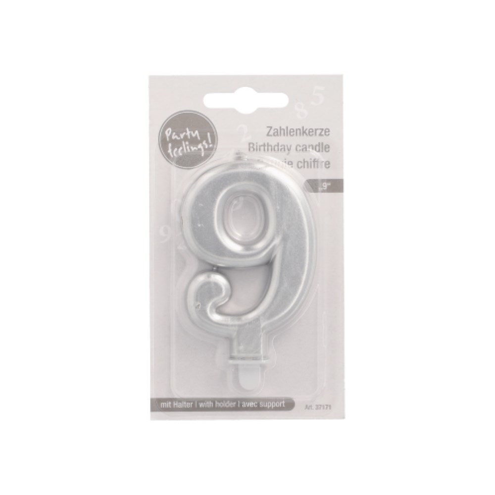 Zahlenkerze mit Halter 7 cm silber "9"