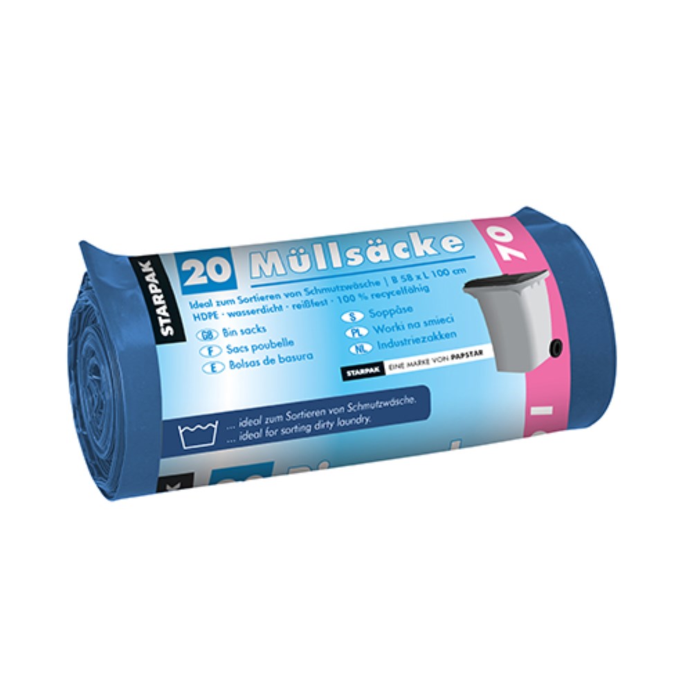 20 Müllsäcke, HDPE 70 l 100 cm x 58 cm blau 23 my