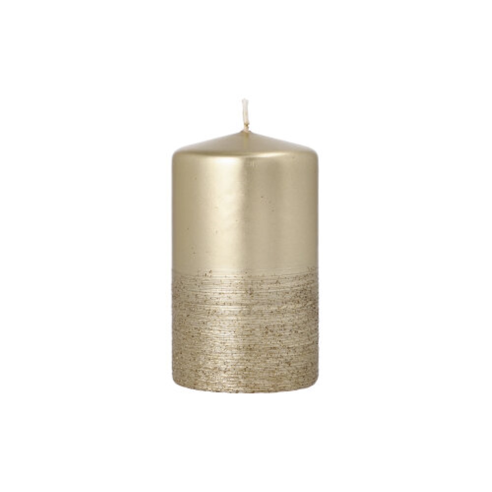 Stumpenkerze "Safe Candle" Ø 60 mm · 100 mm gold "Fia" einzeln cellophaniert