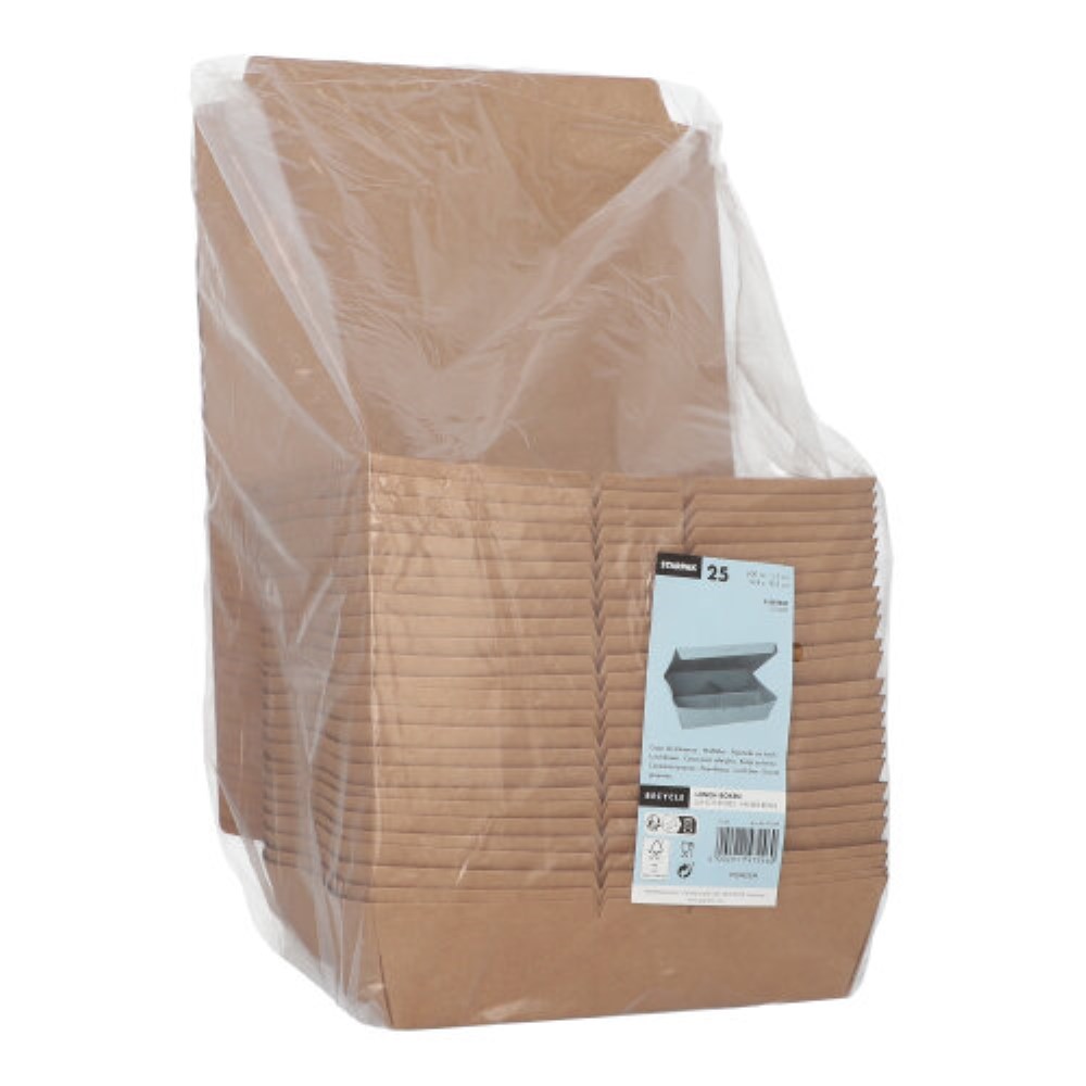 25 Lunchboxen, Pappe 3-geteilt 600 ml 5 cm x 14,8 cm x 18,3 cm braun