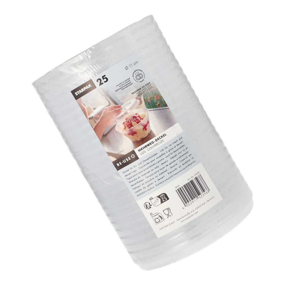 25 Mehrweg-Deckel Ø 11 cm · 1,3 cm transparent für Eis- und Dessertschalen