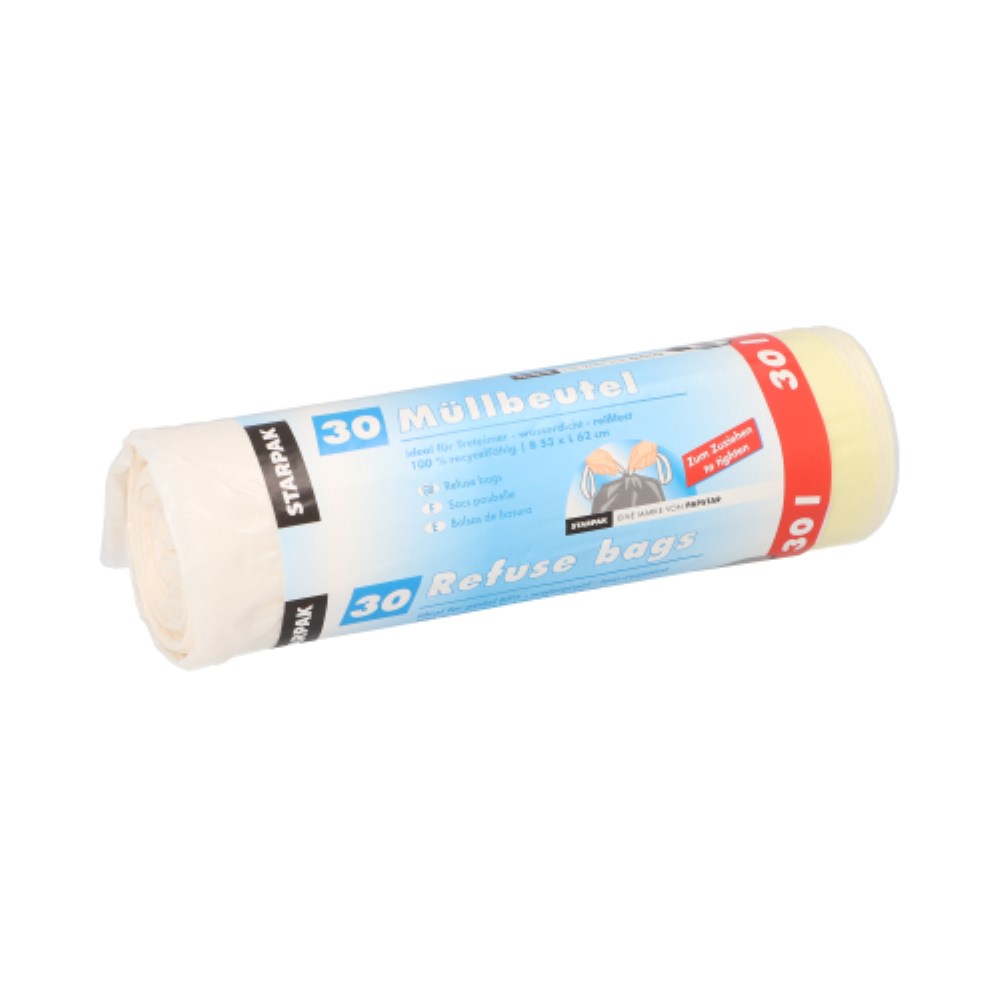 30 Müllbeutel mit Zugband, LDPE 30 l 62 cm x 53 cm weiss 17 my