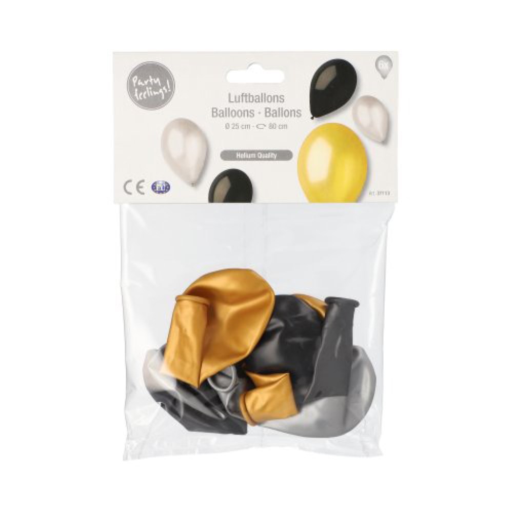 6 Luftballons Ø 25 cm schwarz/gold/silber