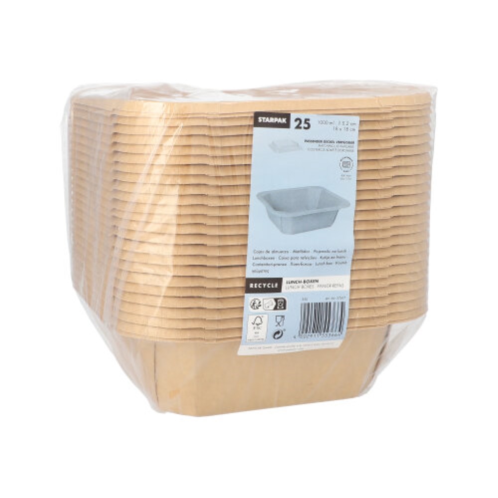 25 Lunchboxen, Pappe eckig 1000 ml 5,2 cm x 18 cm x 18 cm braun