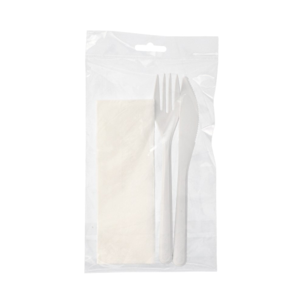 50 Mehrweg-Bestecksets PP-MF 22 cm weiss : Messer, Gabel, Serviette in Folienbeutel