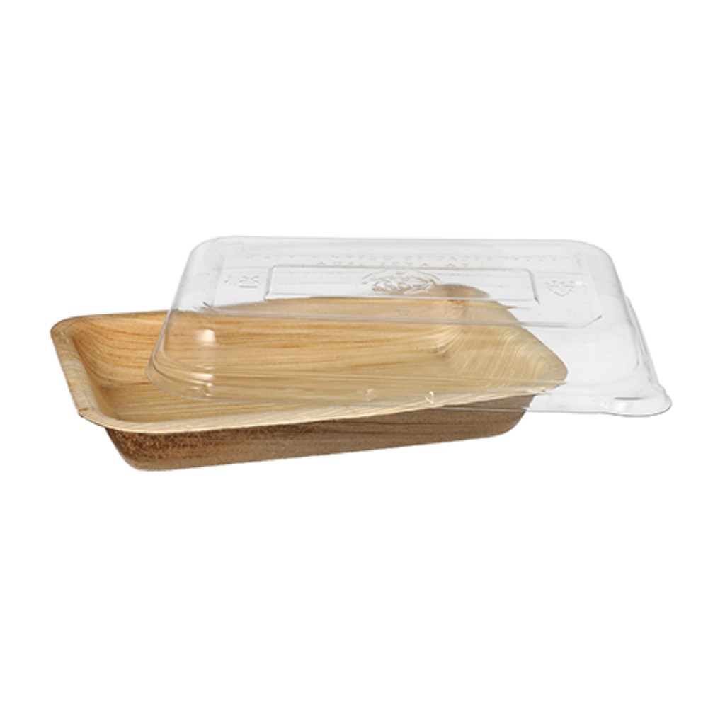 10 Schalen, Palmblatt eckig 200 ml 4,8 cm x 12 cm x 18 cm mit rPET Deckel "Kombipack"
