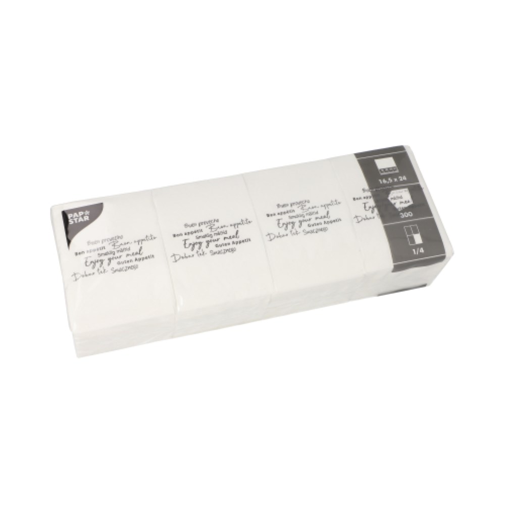 300 Snackservietten "DAILY Collection" 1/4-Falz 24 cm x 16,5 cm weiss "Enjoy your Meal"