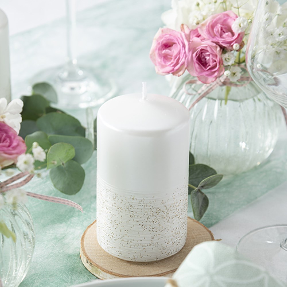 Stumpenkerze "Safe Candle" Ø 60 mm · 100 mm perlmutt "Fia" einzeln cellophaniert