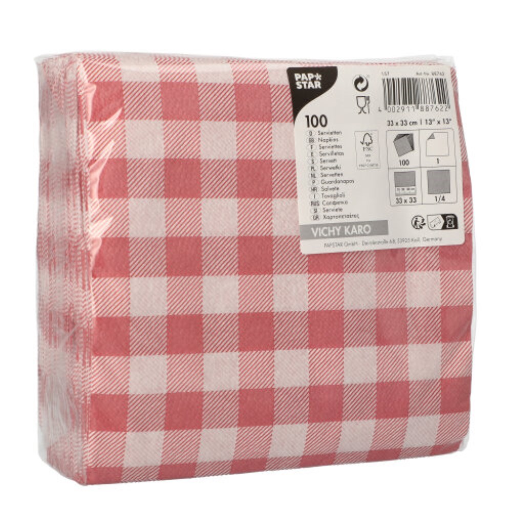 100 Servietten, 1-lagig 1/4-Falz 33 cm x 33 cm rot/weiss "Vichy Karo"
