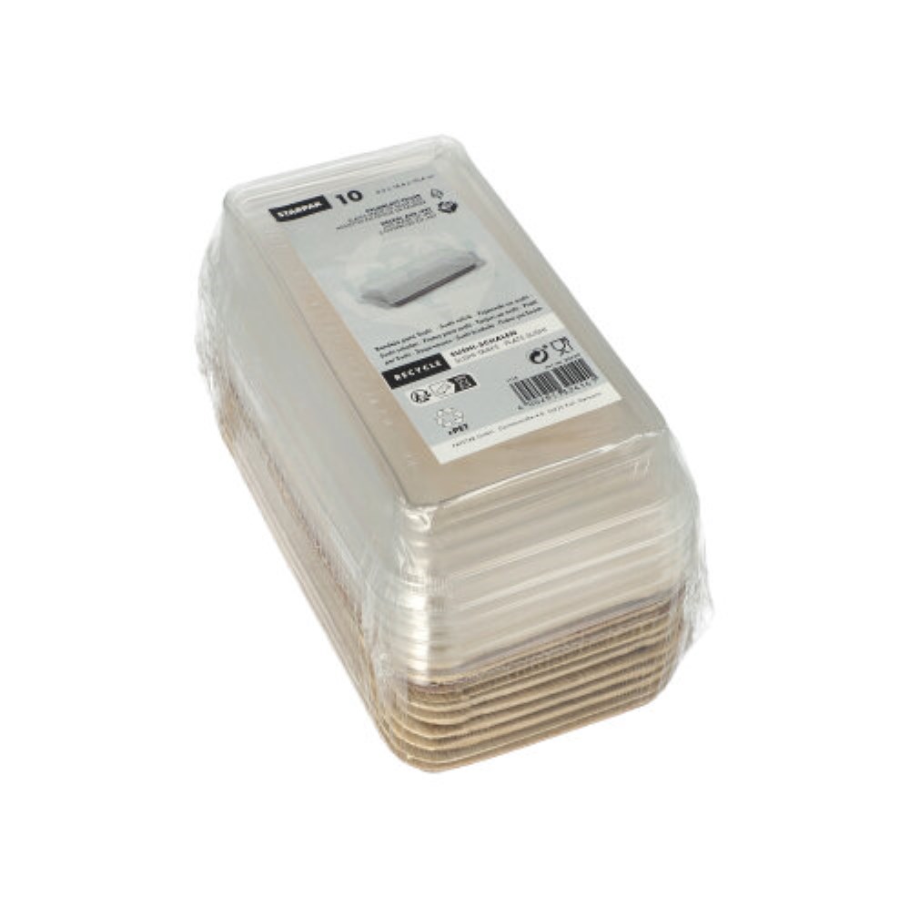 10 Sushi-Schalen Palmblatt eckig 100 ml 4,3 cm x 18,4 cm x 10,4 cm natur mit rPET Deckel "Kombipack"