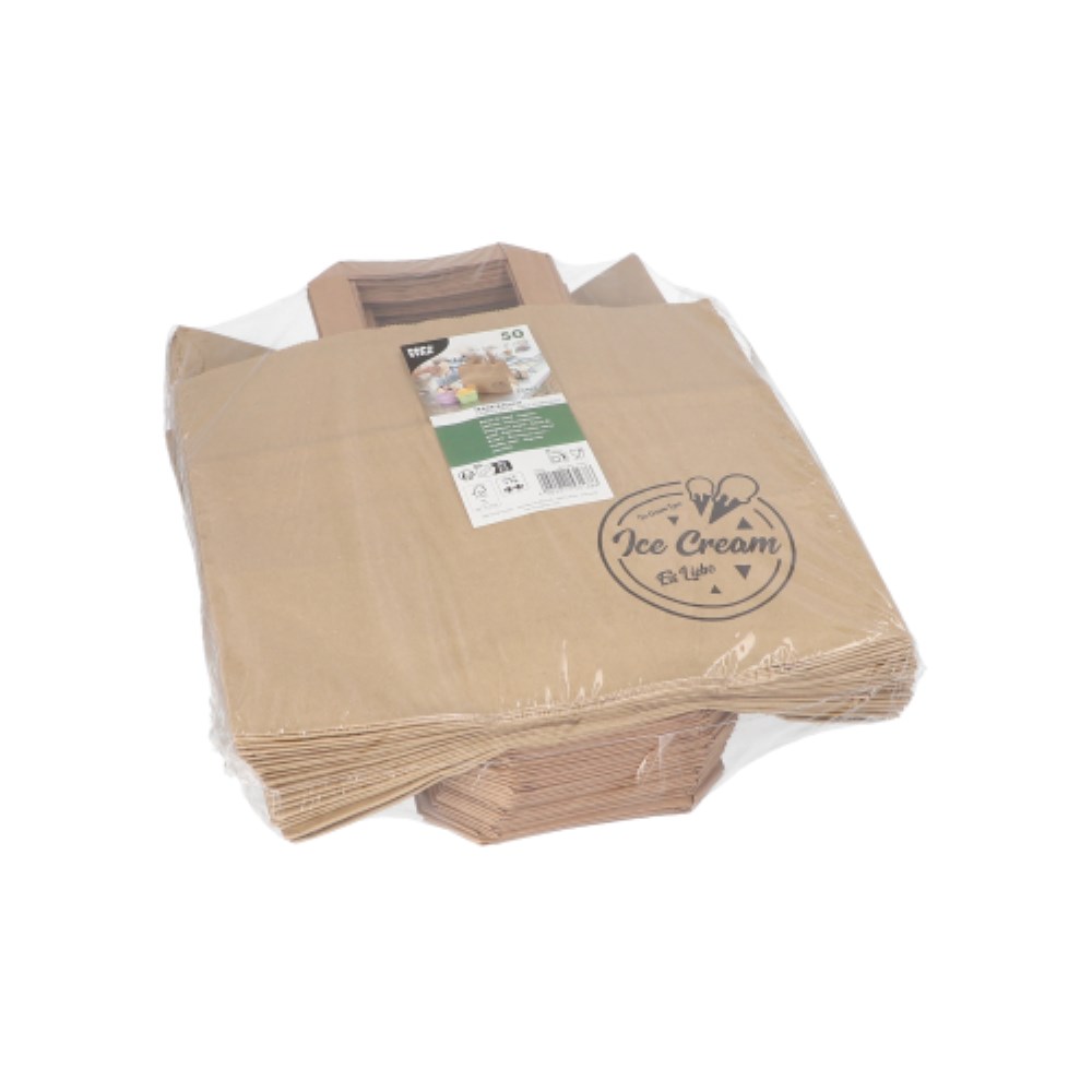 50 Tragetaschen, Papier 25 cm x 26 cm x 17 cm braun "Icelove" mit Tragegriff