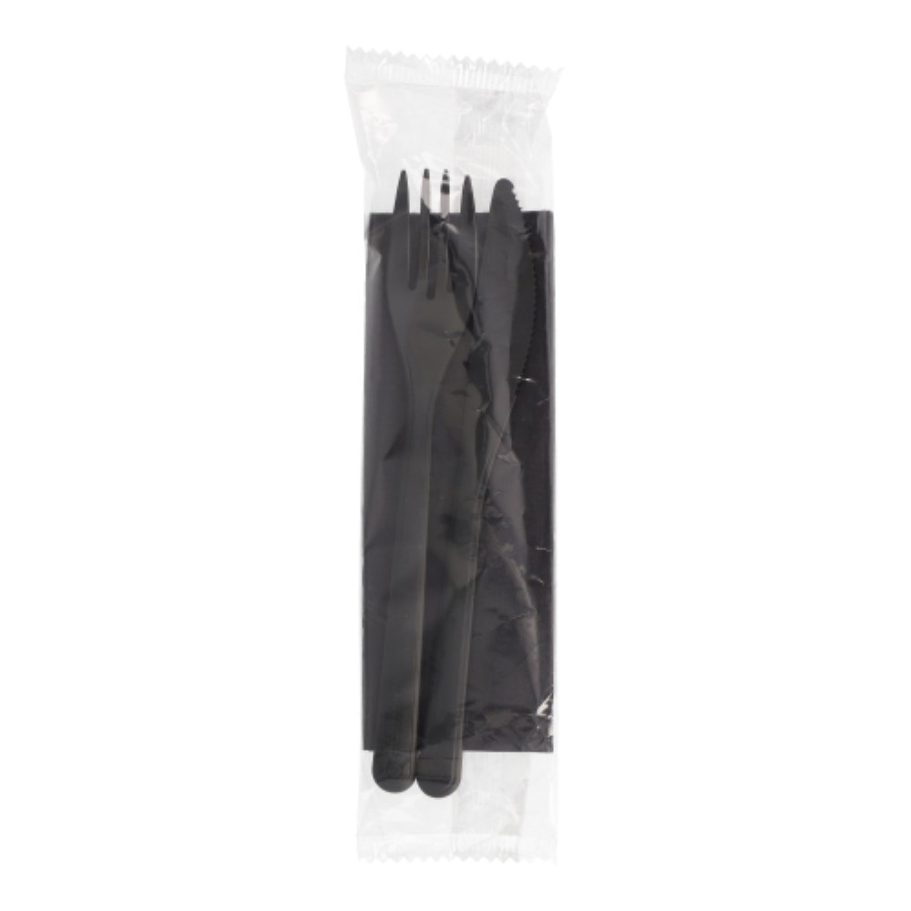 50 Mehrweg-Bestecksets PP-MF 22 cm schwarz : Messer, Gabel, Serviette in Folienbeutel