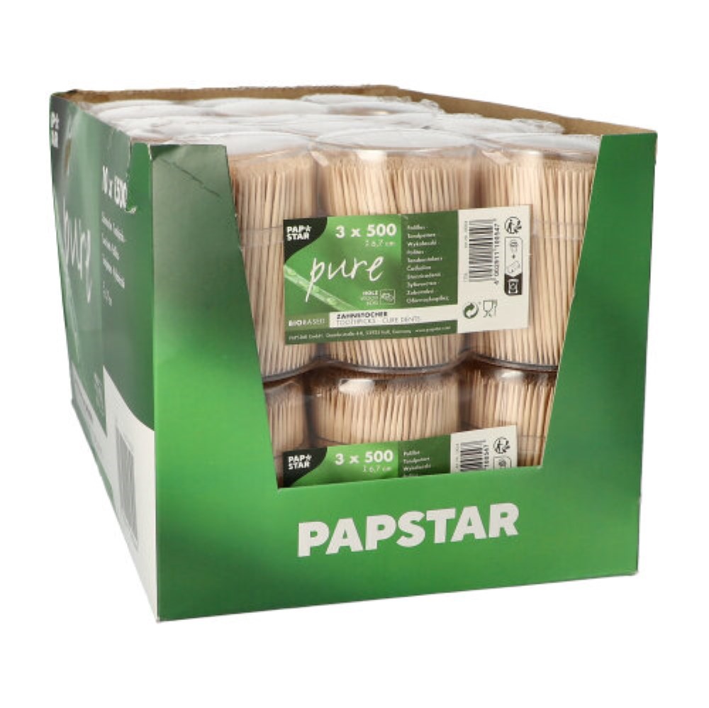 1500 Zahnstocher, Holz "pure" rund 6,7 cm im Spender