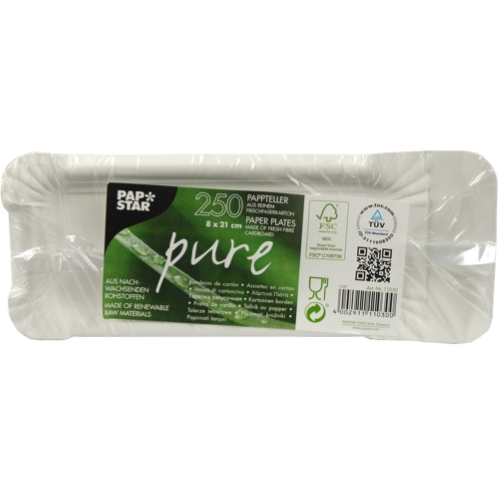 250 Teller, Pappe "pure" eckig 8 cm x 21 cm weiss mit Anfasser