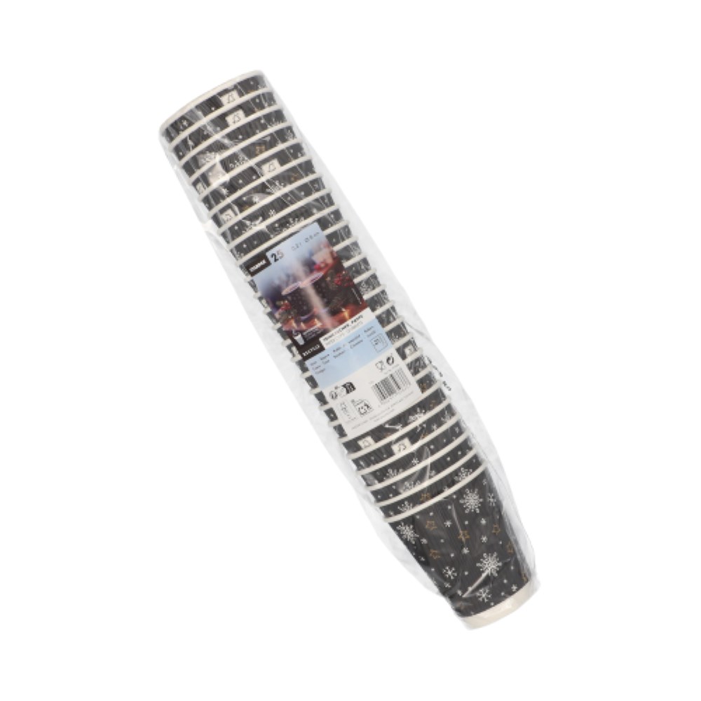 25 Trinkbecher, Pappe 0,2 l Ø 8 cm · 9 cm schwarz "Stars & Snowflakes" Ripple Wall