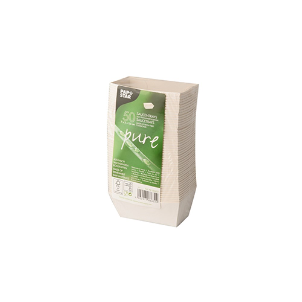 50 Saucentrays, Pappe "pure" 3,5 cm x 3 cm x 7 cm weiss "Good Food"